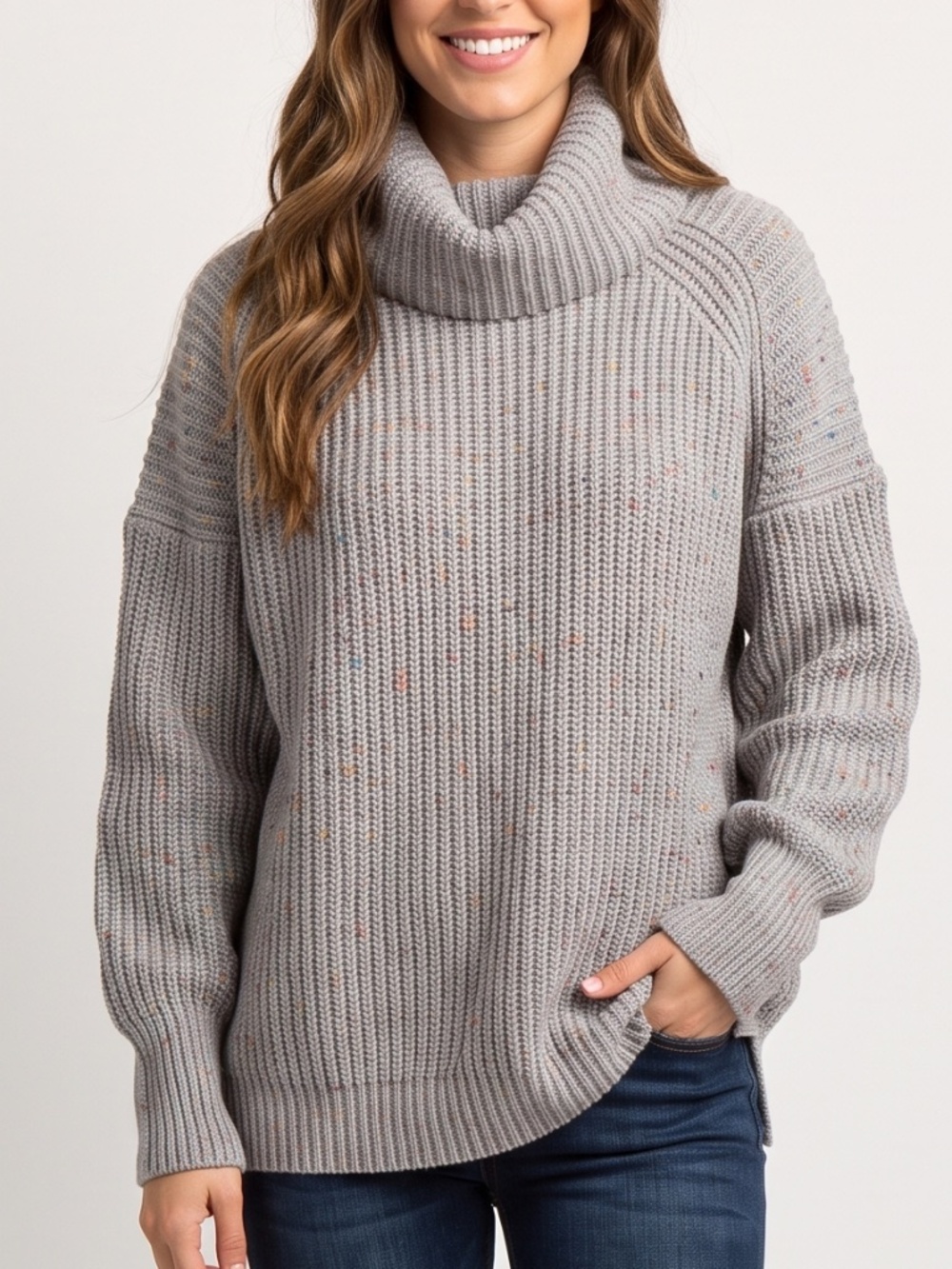 Free People Oversized Light Gray Speckle Ribbed Turtleneck Sweater